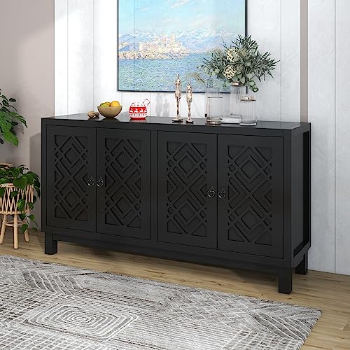Merax Black Farmhouse Buffet Sideboard with Adjustable Shelves and 4 Doors Wood Coffee Bar Cabinet TV Stand for Living Room Bedroom Kitchen, 1 Set