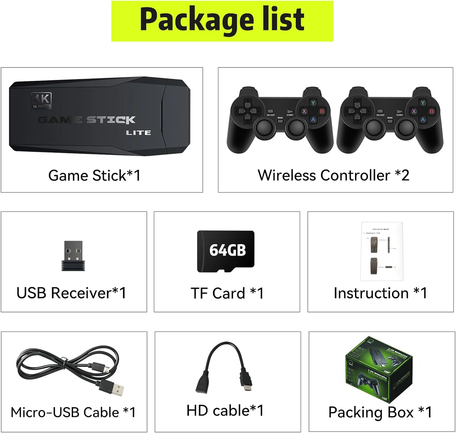 Retro Game Stick, Nostalgia Stick with Built-in 25000+ Games, 12 Emulators, 4K HD Output, 64G Wireless Retro Game Console, Plug and Play Video Game for TV, Dual 2.4G Wireless Controllers