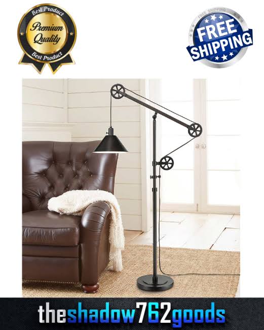 Descartes Industrial Farmhouse Floor Lamp in Blackened Bronze with Pulley System