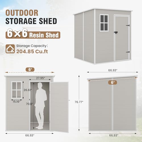Outdoor Storage Shed, 6x6 FT Resin Shed with Floor and Lockable Door, Window, Vents, Tool Sheds and Outdoor Storage for Bike, Garden Accessories, Tools, Waterproof (Grey & White)