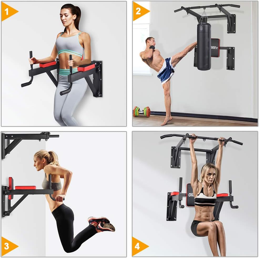 ONETWOFIT Wall Mounted Power Tower Pull Up Bar Station Workout Dip Station, Multi-Function Chin Up Bar Exercise Bar Set for Home Gym Strength Training Fitness Equipment, Pull Up Stand 330 Lbs