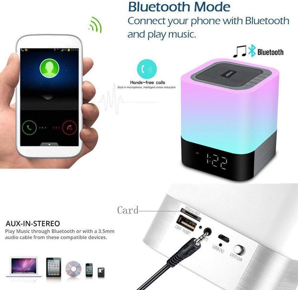 Aisuo Night Light-5 in 1 Bedside Lamp with Bluetooth Speaker,12/24H Digital Calendar Alarm Clock,Touch Control ,Support TF and SD Card,Music Player,Room Decor .