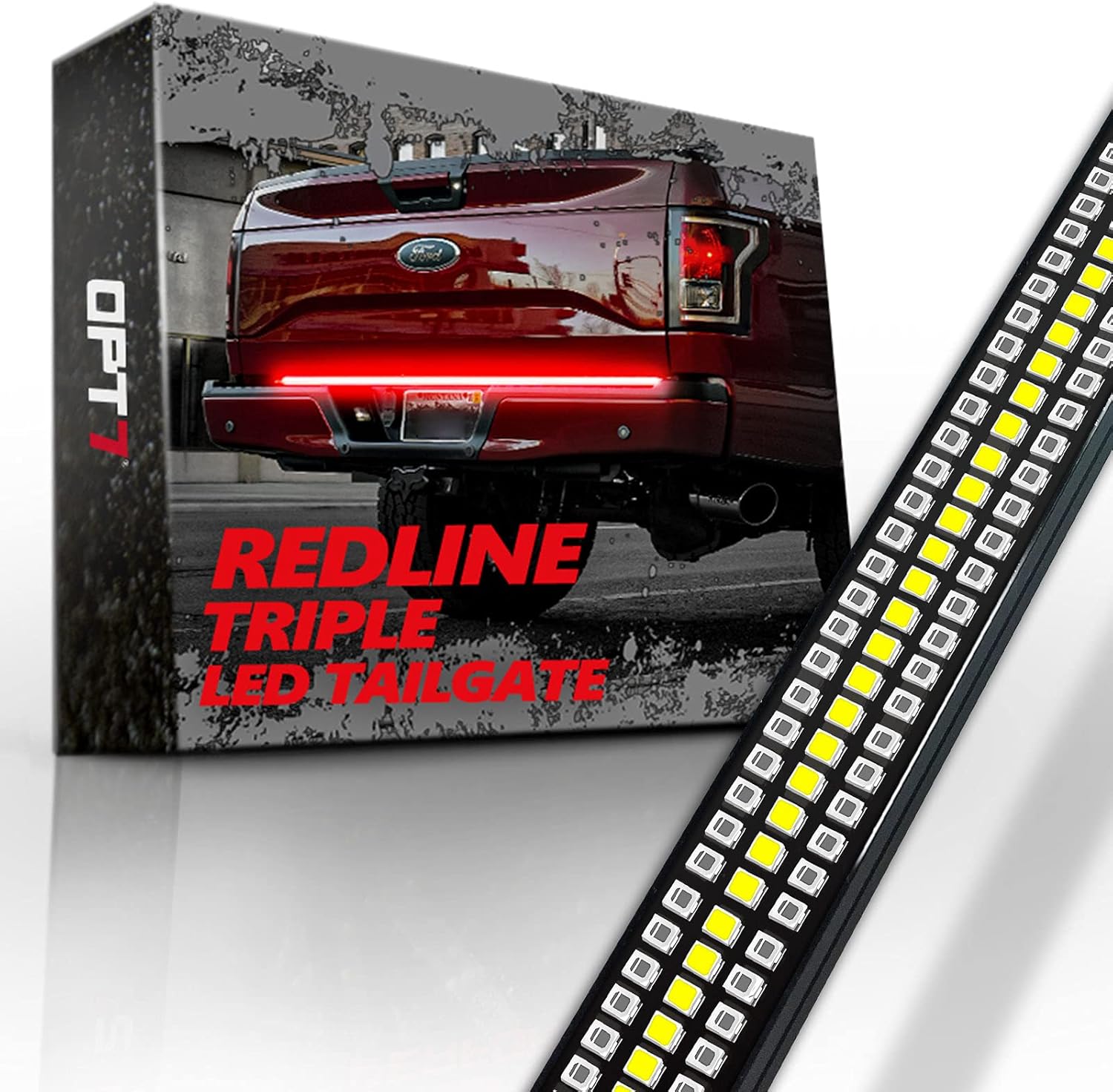 OPT7 60" Redline Triple LED Tailgate Light Bar w/Sequential RED Turn Signal - 1,200 LED Solid Beam - Weatherproof No Drill Install - Full Function Reverse Brake Running