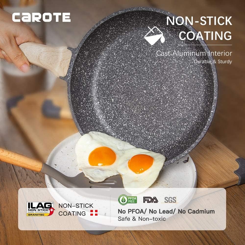 Carote Nonstick Cookware Set,10 Pcs Nonstick Cookware Set Pan and Pot, Essential Woody, Classic Granite