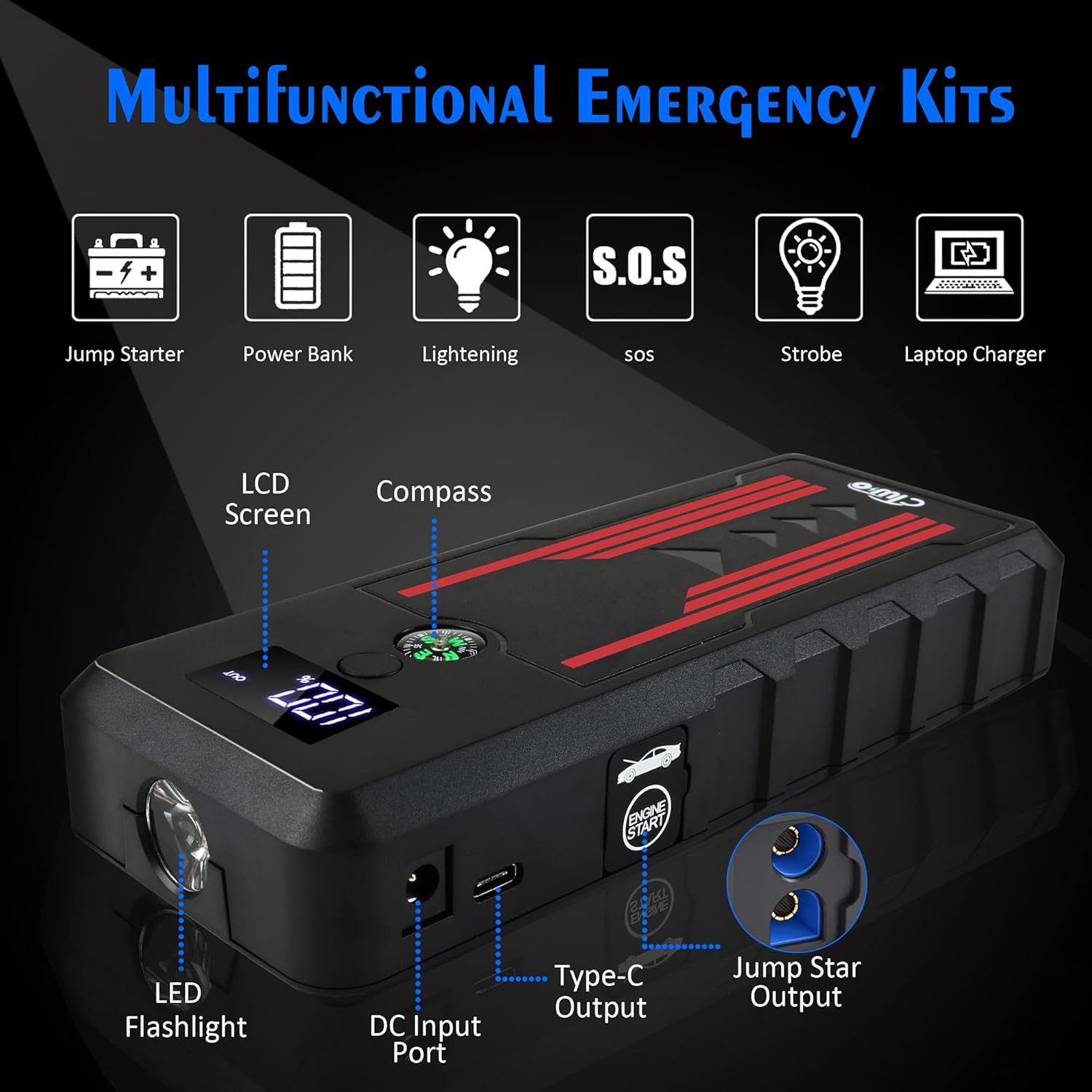 Battery Jump Starter for Car, CTWJO 12V 600A 15000mAh Portable Jump Starter Booster with USB-C Smart Port, Compass, LCD Screen, LED Light, Travel Case