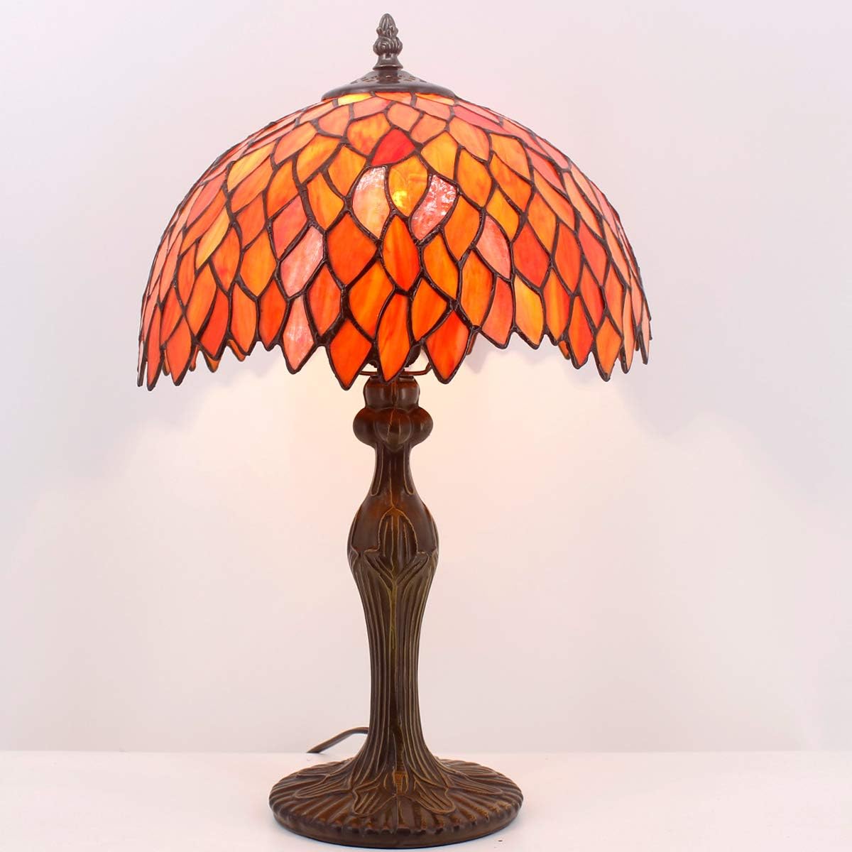 WERFACTORY Tiffany Lamp Stained Glass Table Lamp Red Wisteria Style Desk Bedside Reading Light 12X12X18 Inches Deco Bedroom Living Room Home Office S523R Series (A)