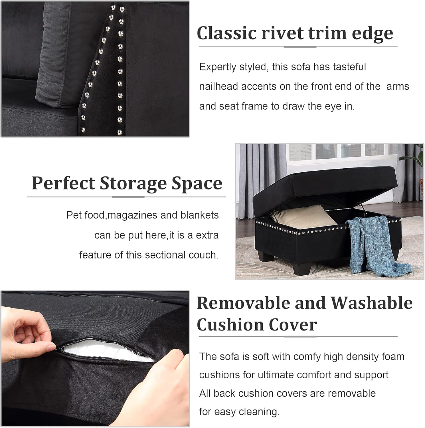 Yoglad Reversible Sectional Sofa with Storage and Chaise Lounge Couch, Wooden Frame L-Shaped Corner Sofa Set with Ottoman, Furniture Set for Living Room (Black)