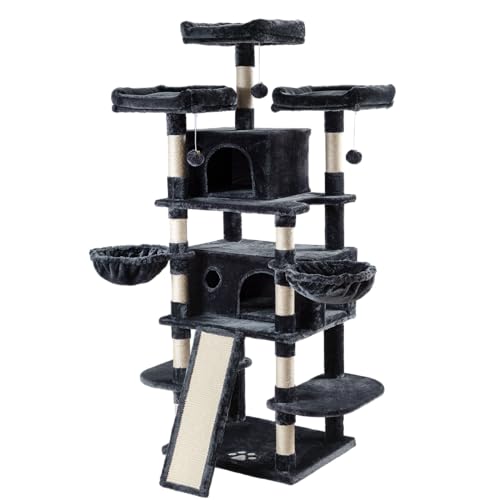 Allewie 68 Inches Cat Tree/House and Towers for Big Feline/Scratching Post/Multi-Level Large Kitty Climbing Tree with Condo/Smokey Grey