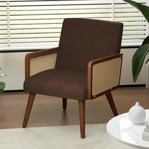 Rattan Accent Chair, Linen Fabric Upholstered Armchair with Wood Legs, Mid Century Modern Reading Comfy Lounge Chair with Spring Support, for Living Room Bedroom,Yellow Green