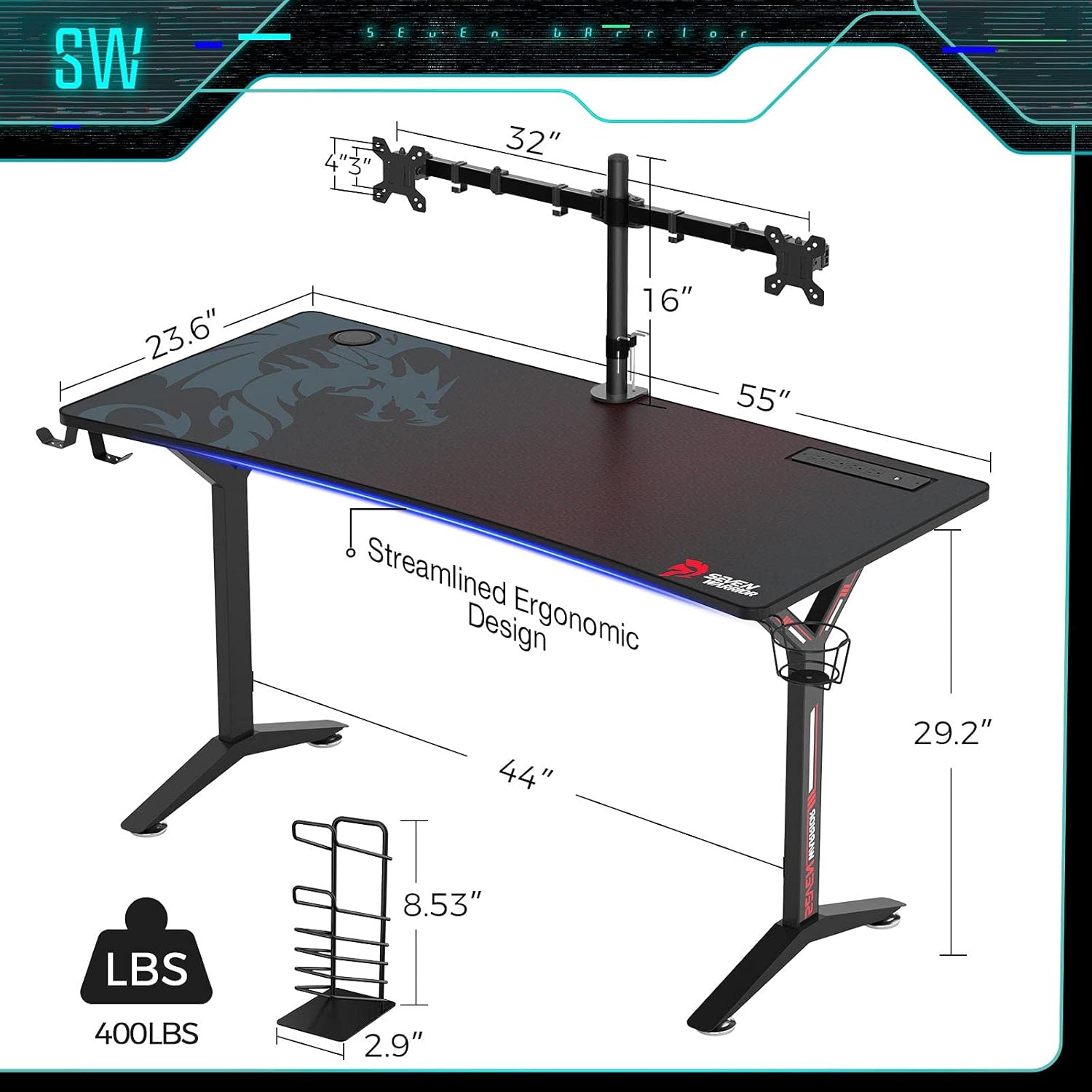 Seven Warrior Gaming Desk 55INCH with Power Outlet & Dual Monitor Mount, Carbon Fiber Surface Computer Gamer Desk with Full Desk Mouse Pad, Ergonomic Y Shaped Gamer Table with Outlet Organizer