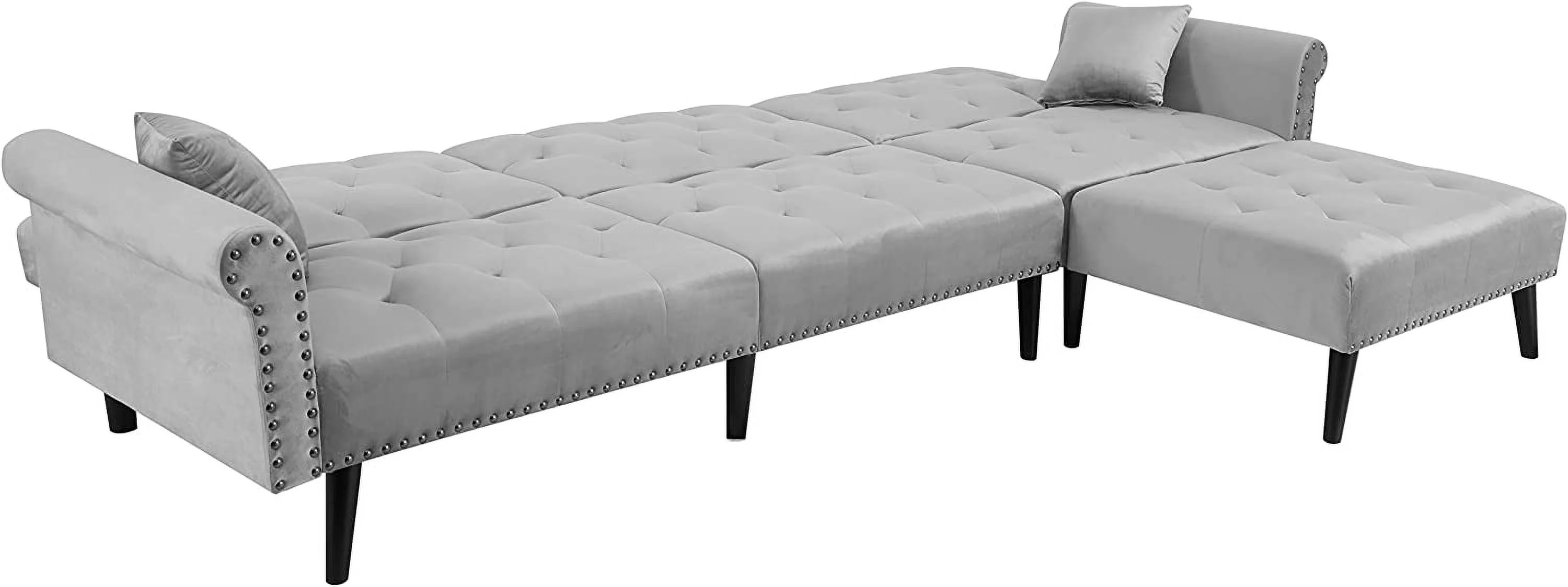 LCH Velvet Convertible Sleeper Sectional Sofa Bed Reversible L Shaped Button Tufted Couch Living Room Furniture Set with Chaise Lounge 2 Pillows  Light Grey