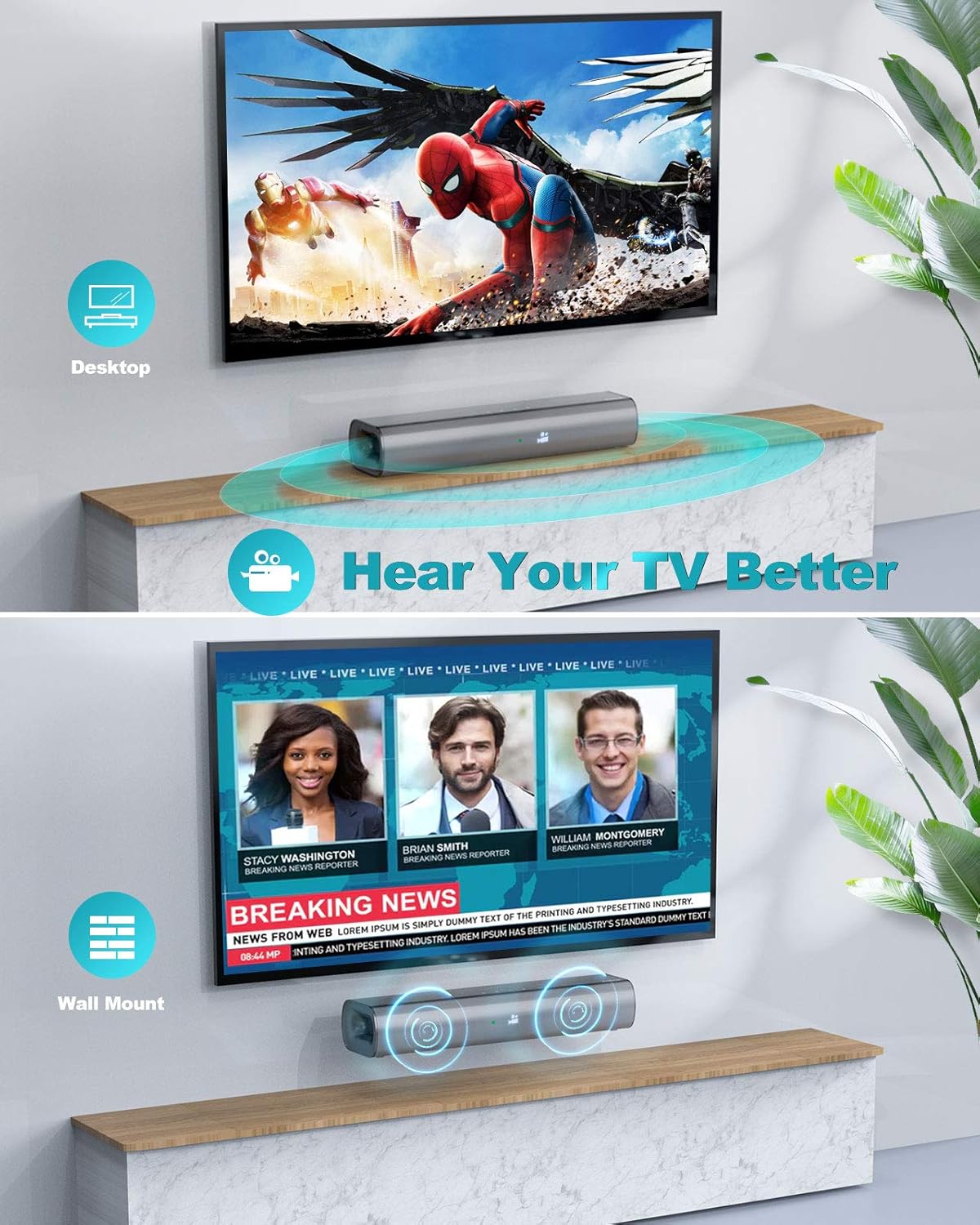 Soundbar, KMOUK Sound Bar for Small TV, Bluetooth 5.0, Mini Sound bar for PC/Home Theater, 2.0 Channel, 3 Equalizer Mode Audio, Optical/Aux/RCA Connection, Wired Gaming Speaker with 3D Surround Sound Pack of 2