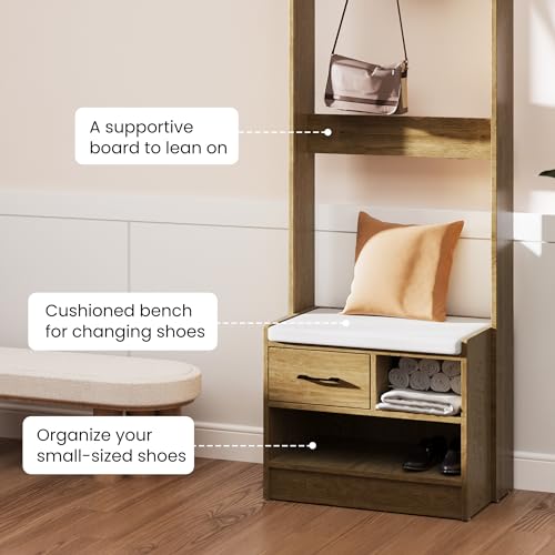 Hall Tree with Bench, Entryway Bench with Coat Rack, Shoe Storage, Soft Cushion, Wood Entryway Furniture, White