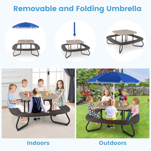 KOTEK 8-Person Kids Picnic Table, Toddler Activity Table with Removable Umbrella, 4 Built-in Benches, HDPE Top & Metal Frame, Kids Outdoor Table for Patio Garden Backyard (Blue+Red)
