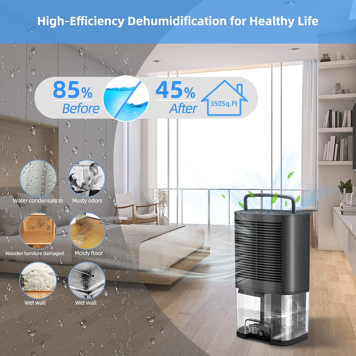 Dehumidifiers for Home with Drain Hose - Donatello Portable Smart Dehumidifiers 350 sq ft, Ultra Quiet Compact Dehumidifier for Bedroom Bathroom RV Garage Closet Basements Small Room Camper (2000ml)