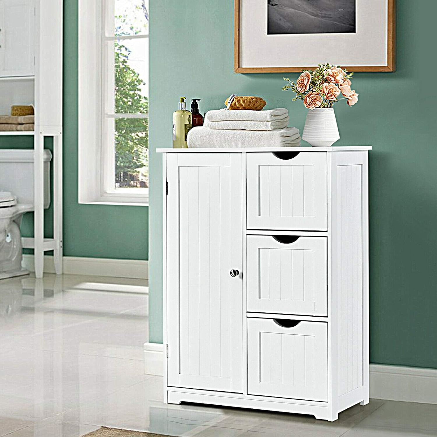 Elegant Design Multifunction Freestanding Bathroom Floor Cupboard Cabinet Storage Organize with 3 Drawer Adjustable Sturdy Durable for Toilet, Living Room, Bedroom, Corridor, Office White