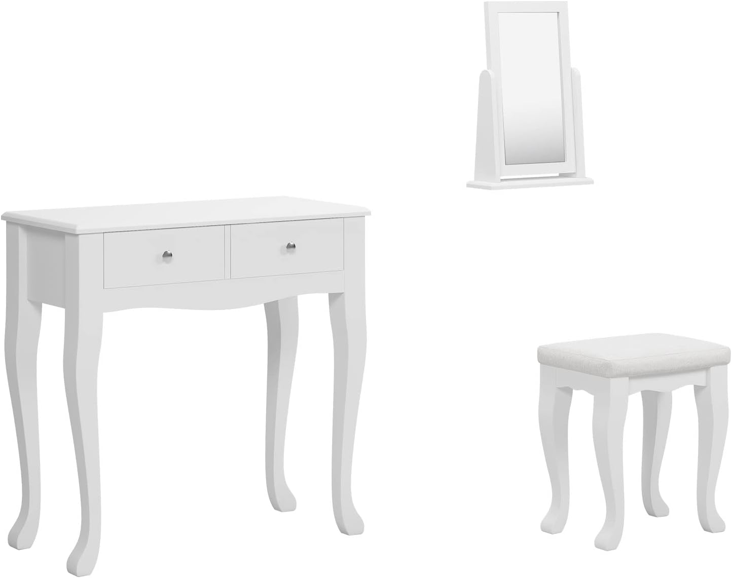 sogesfurniture Vanity Dressing Table Set Wooden Contemporary with 360° Pivoting Mirror and Stool, Multifunctional Makeup Dressing Table and with 2 Drawers, White