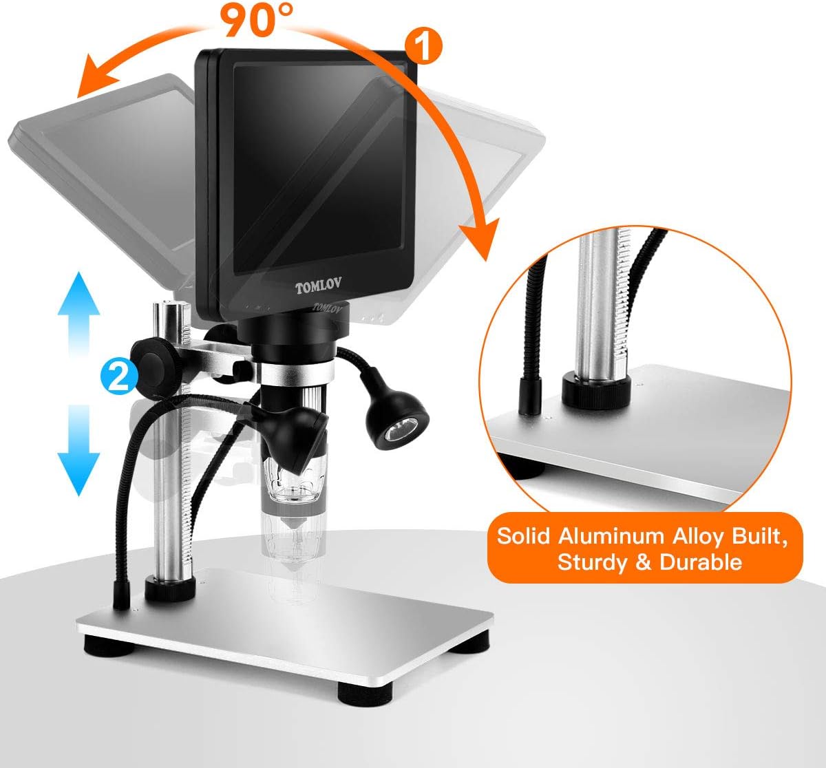 TOMLOV DM9 7" LCD Digital Microscope 1200X, 1080P Video Microscope with Metal Stand, 12MP Ultra-Precise Focusing, LED Fill Lights, PC View, Windows/Mac OS Compatible, with SD Card, Model- DM9