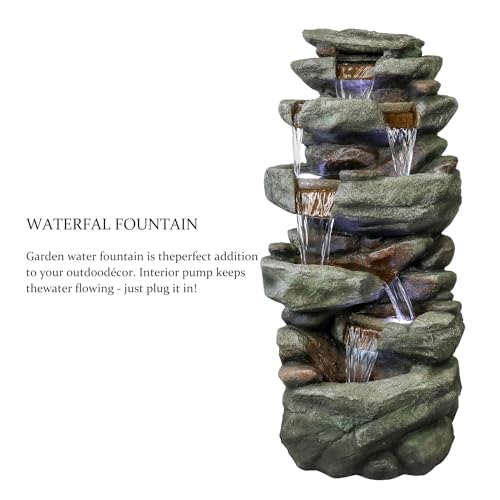 SunJet 40" High 6-Tiers Cascading Rock Outdoor Water Fountain with LED Lights - Large Outdoor Fountains and Waterfalls for Garden or Patio, Yard, and Deck Decor, Featuring Natural Stone Look