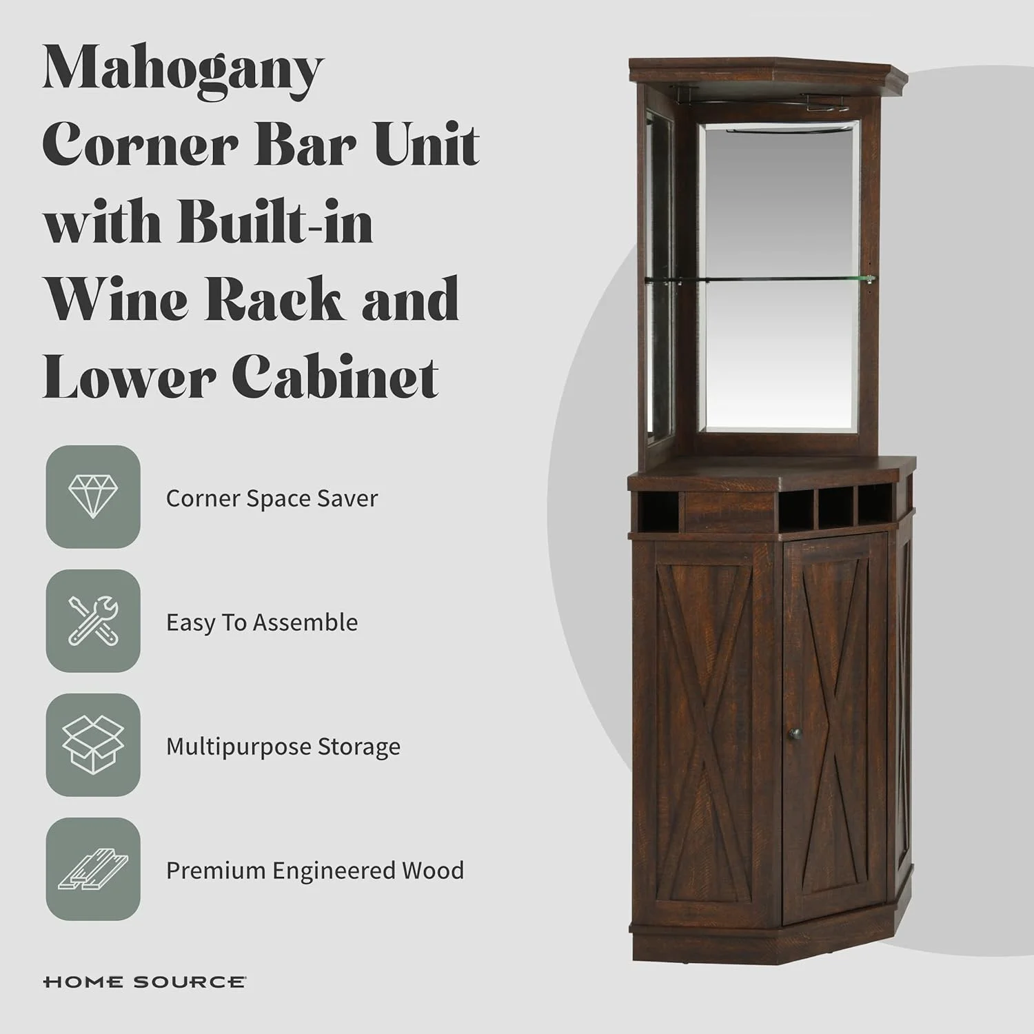 Mahogany Corner Bar 73" Tall Unit With Built-In Wine Rack  Lower Cabinet, Living Room,  Office, Kitchen, Small Space.