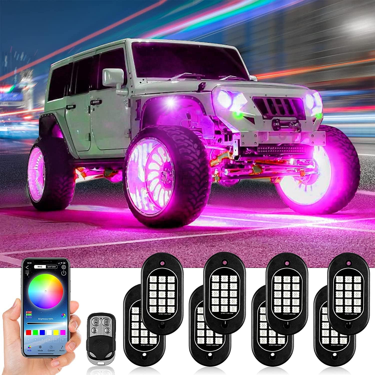 ROCBOC RGB LED Rock Lights, Underglow Lights for Trucks, Waterproof Car Neon Light Kit, with RF/APP Control Music Mode Timing Function for Jeep Off Road UTV ATV SUV (8 Pods)