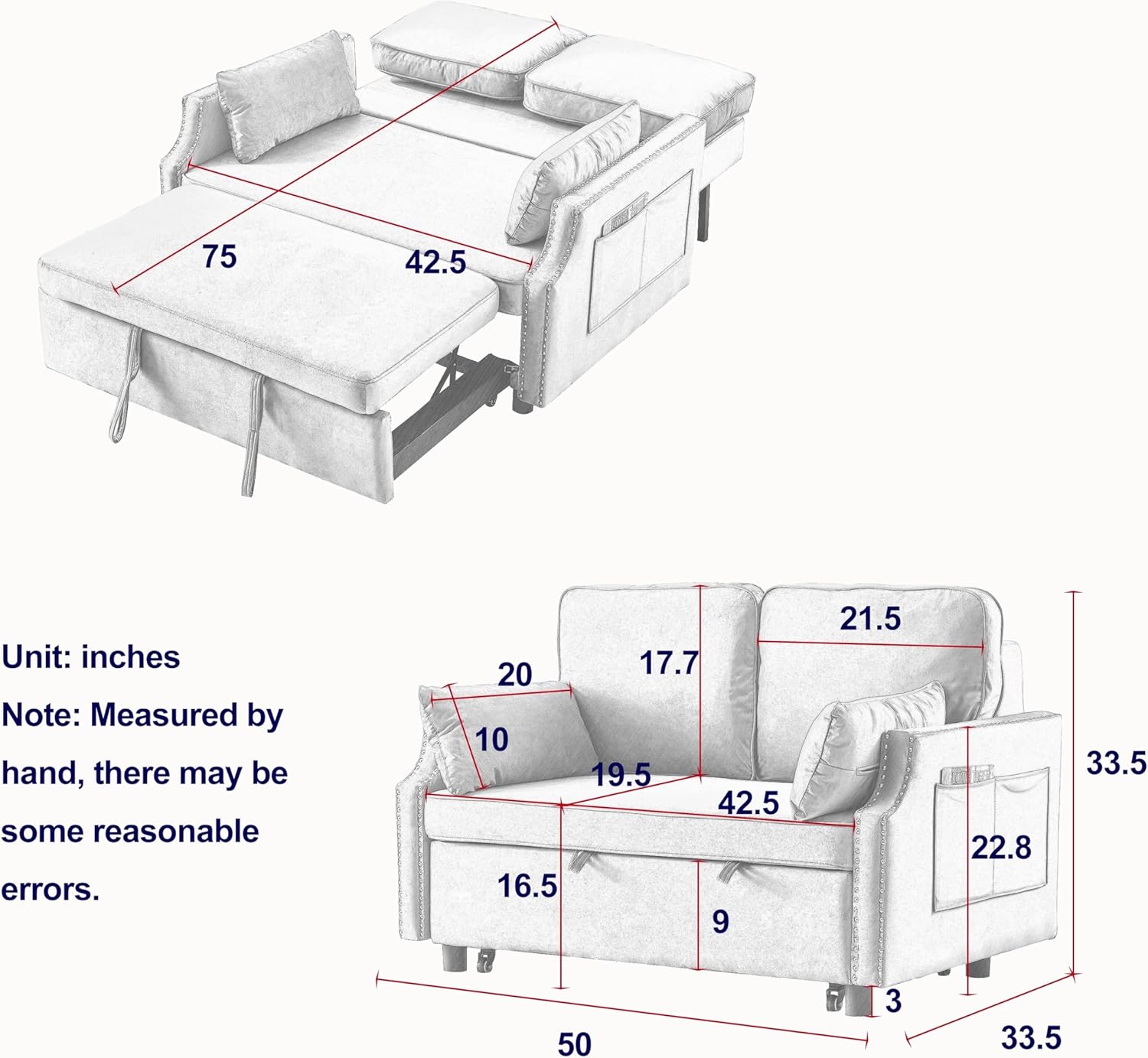 Grey Velvet Upholstered Recliner Bed with Pull-Out Sleeper Sofa Folding Loveseat Side Pockets for Living Room Abstract Lake House Modern Contemporary Solid Wood