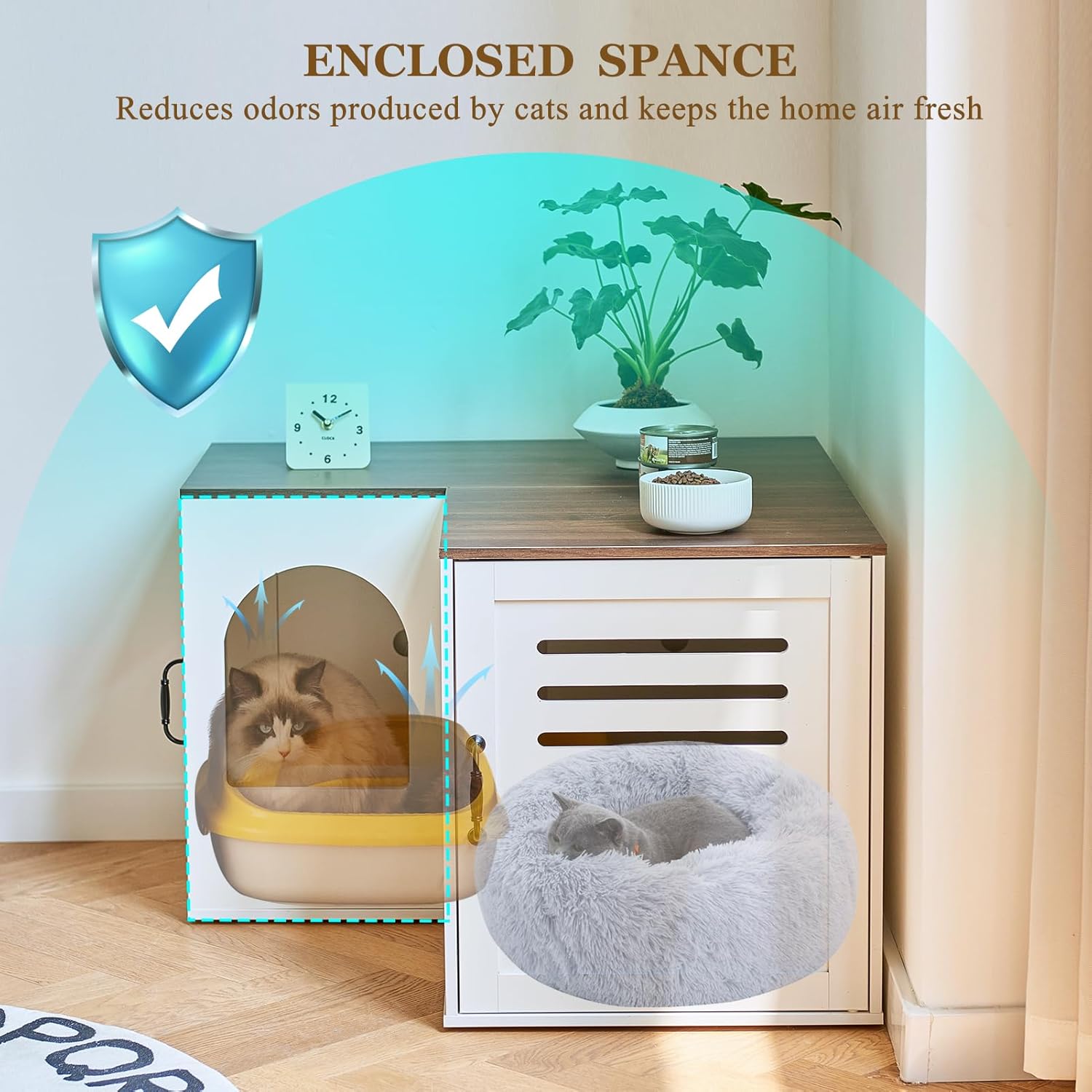 Corner Litter Box Enclosure for 2 Cats, Hidden Litter Box Furniture, Litter Box Cabinet with Double Room, Indoor Cat House End Table, 31.5 x 17.7 x 19.7 in, White