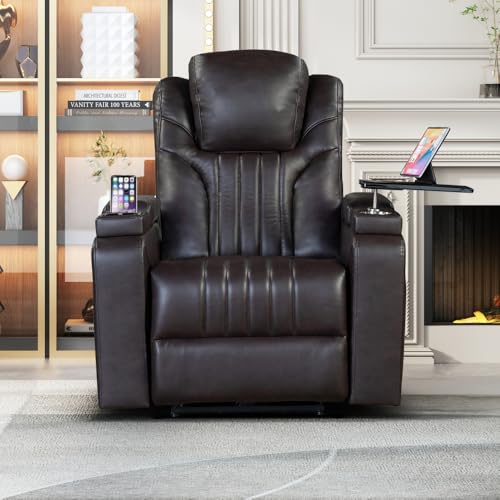 PU Leather Power Recliner Home Theater Recliner with Power Adjustable Headrest, Wireless Charging Device, USB Port, Storage Arms, Cup Holder and Swivel Tray Table for Living Room (Brown)