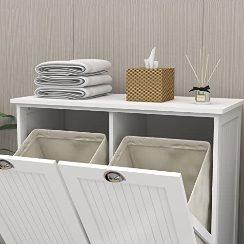 Double Tilt Out Trash Cabinet Laundry Sorter Cabinet Free Standing Laundry Cabinets and Storage Dog Proof Recycling Cabinet Kitchen Island with Garbage Bin (White)