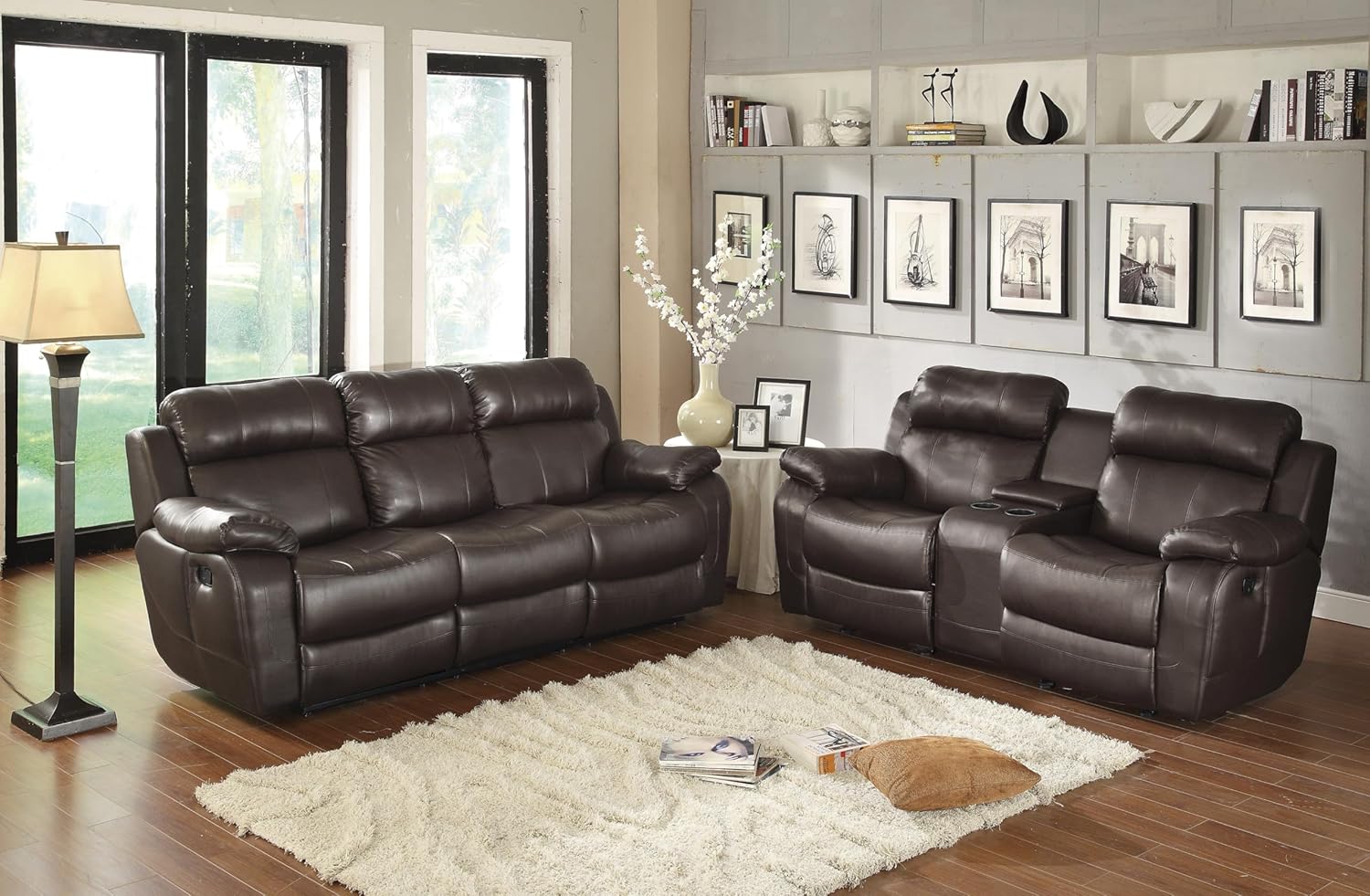 Double Glider Reclining Love Seat with Center Console Brown Faux Leather Upholstered Contemporary Living Room Furniture