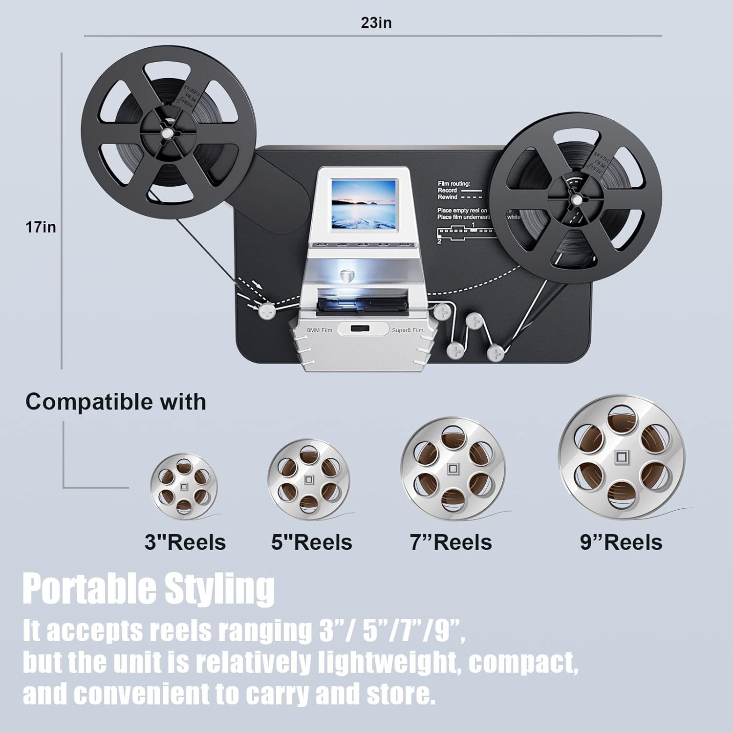 8mm & Super 8 Reels to Digital Film Scanner Converter, Film Digitizer with 2.4 Screen, Convert 3” 4” 5” 7” 9” Reels View Frame by Frame into 1080P Digital MP4 Files,Sharing & Saving on 32GB SD Card