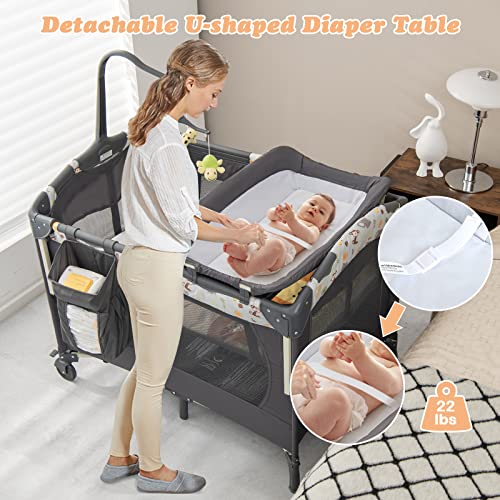 BABY JOY 4 in 1 Pack and Play, Baby Bedside Sleeper with Bassinet, 3 Adjustable Heights, Music Box, Easy to Install, Foldable Bedside Crib w/Changing Table, Playards from Newborn to Toddlers