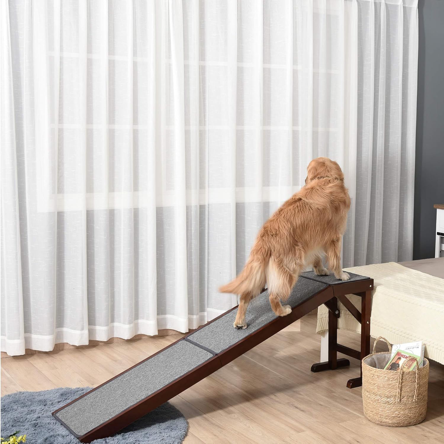 PawHut Pet Ramp for Dogs Non-Slip Carpet Top Platform Pine Wood 74 L x 16 W x 25 H, Brown Grey