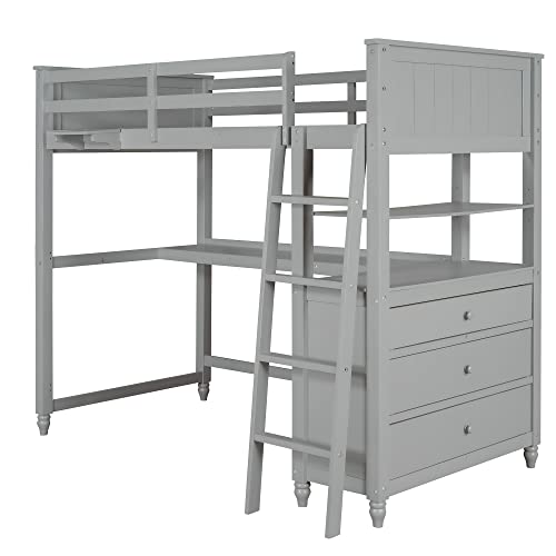 Merax Loft Bed Twin Size with Desk, Wood Frame with Shelves & Drawers, Inclined Ladder Design, White