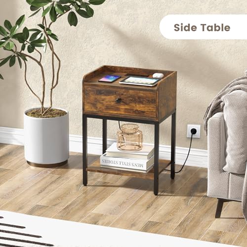 GOFLAME Nightstand with Charging Station, Narrow Bedside Table with Drawer, Open Shelf, 2 USB Ports, 2 AC Outlets, Side End Table with Metal Frame for Small Space, Living Room, Bedroom