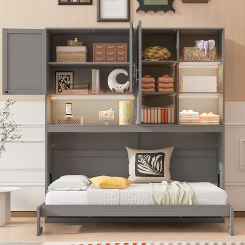 SOFTSEA Twin Murphy Bed with Storage Bookcase and Shelves, Horizontal Wall Bed with LED Light & Charging Stations, Space-Saving for Living Room, Guest Room, Bedroom, Office, Grey