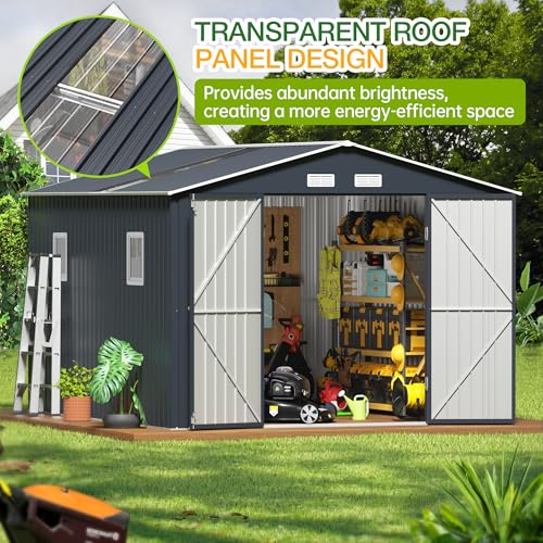 Outdoor Storage Shed 10 x 12ft. Utility Tool Shed Metal Storage Garden Shed with Lockable Doors, Windows & Metal Frame Floor for Patio Storage,Brown
