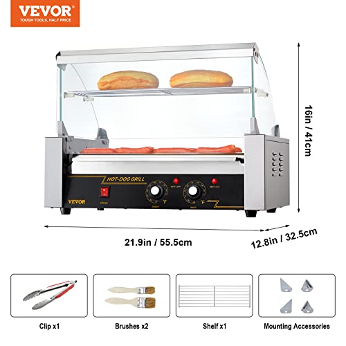 VEVOR Hot Dog Roller, 12 Hot Dog Capacity 5 Rollers, 750W Stainless Steel Cook Warmer Machine with Dual Temp Control, LED Light and Detachable Drip Tray, Sausage Grill Cooker for Kitchen Restaurant