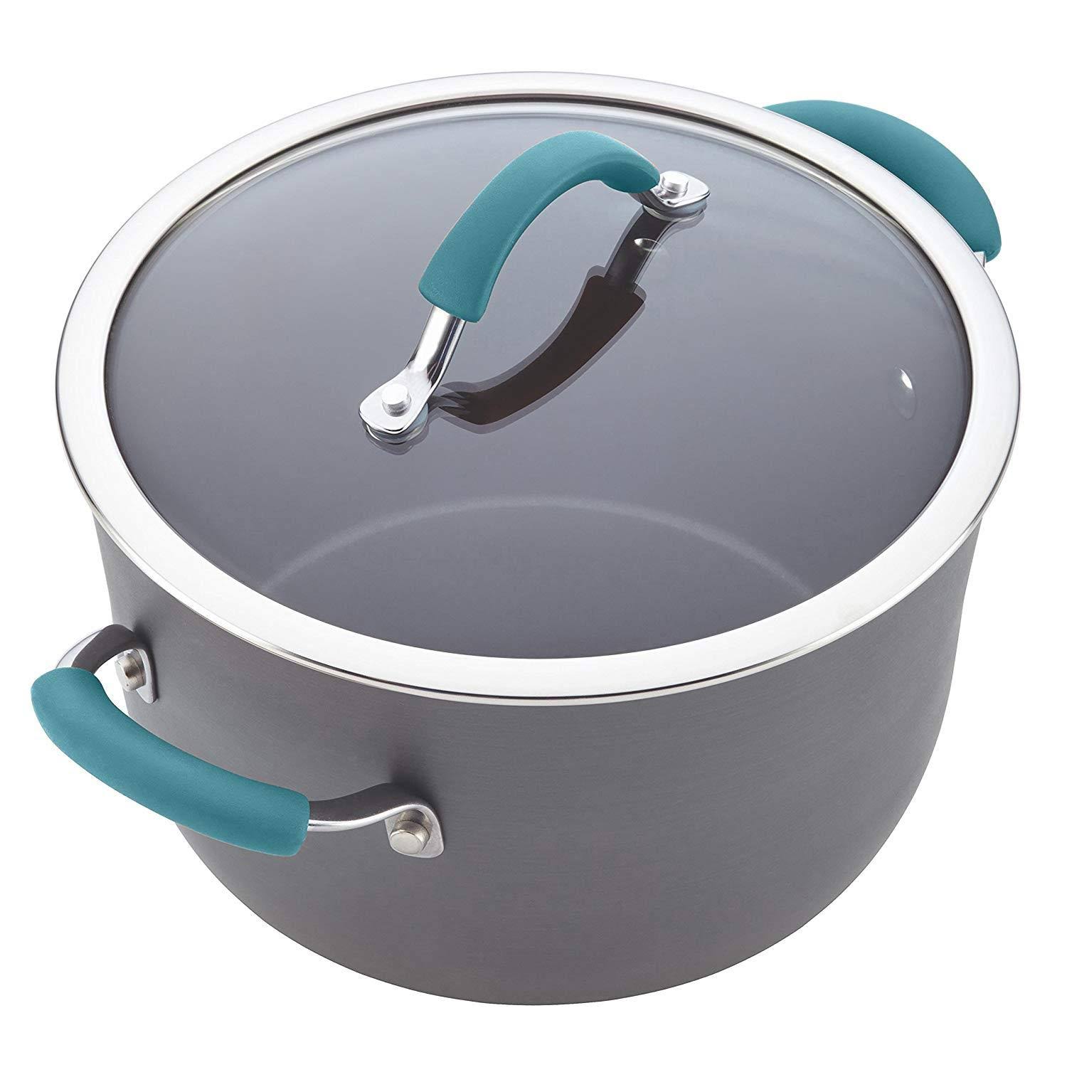 Rachael Ray Cucina 87641 12-Piece Cookware Set, Gray, Agave Blue Handles