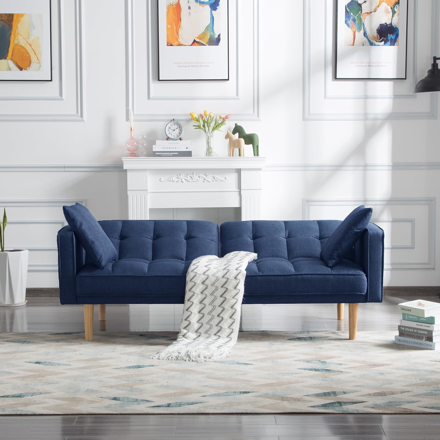 Sleeper 71.5" Tufted Futon Sofa Bed, Modern Fabric Folding Loveseat Couch Convertible Recliner Lounge with Wooden Legs and 2 Square Pillows for Living Room, Apartment, Office, Navy Blue