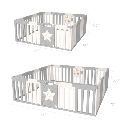 Baby Playpen, Safety Baby Gate Playpen for Babies and Toddlers Sturdy and Immovable Baby Fence Play Area Activity Center Portable Design for Indoor Outdoor (Grey+White+Star 16 Panel)