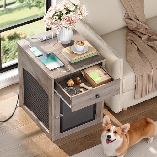 HOOBRO Dog Crate Furniture, Dog Kennel with Drawer and Charging Station, Indoor Decorative Puppy House, Wooden Pet Crate End Table for Small Dogs, Rustic Brown and Black BF58UGW03G1