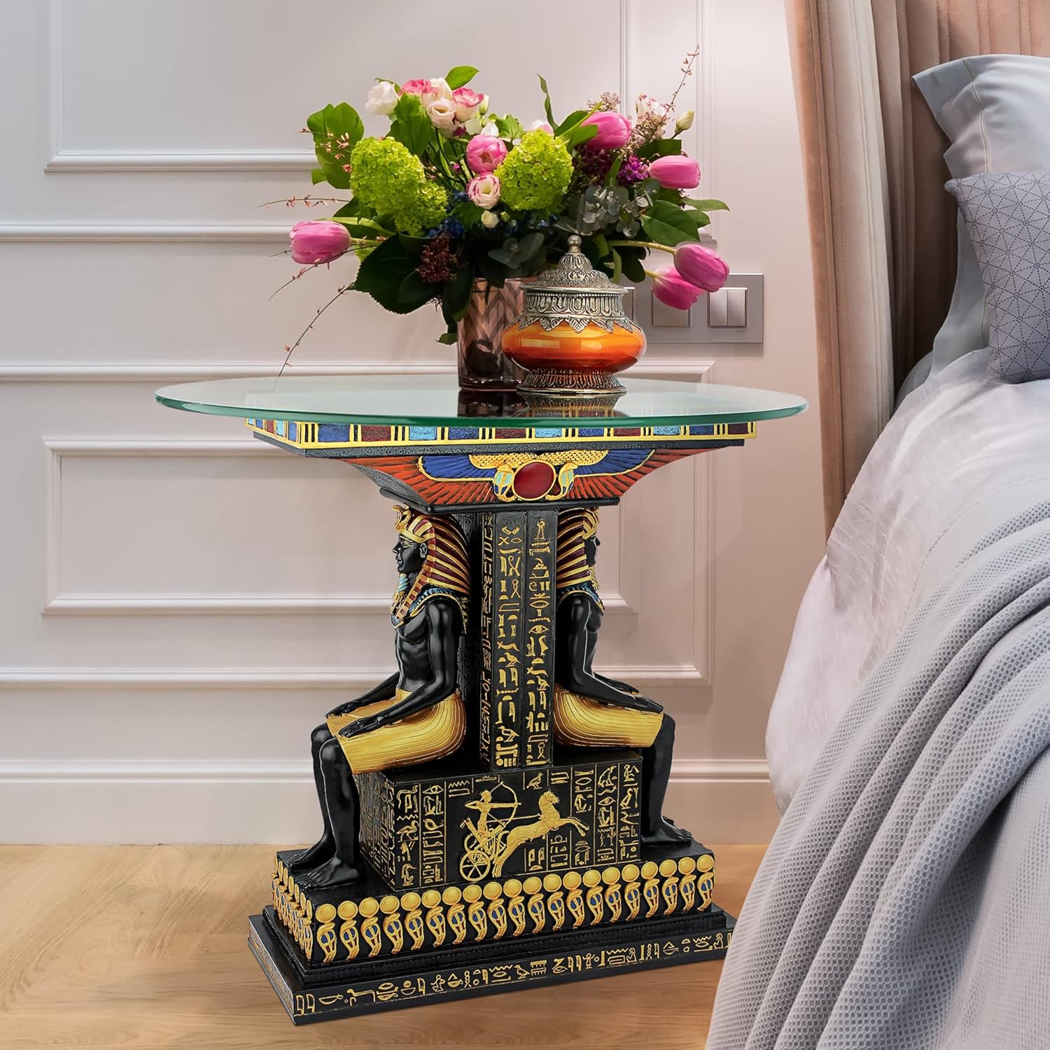 Design Toscano TUT The Egyptian Pharaoh Glass-Topped Sculptural Table, Single, Full Color