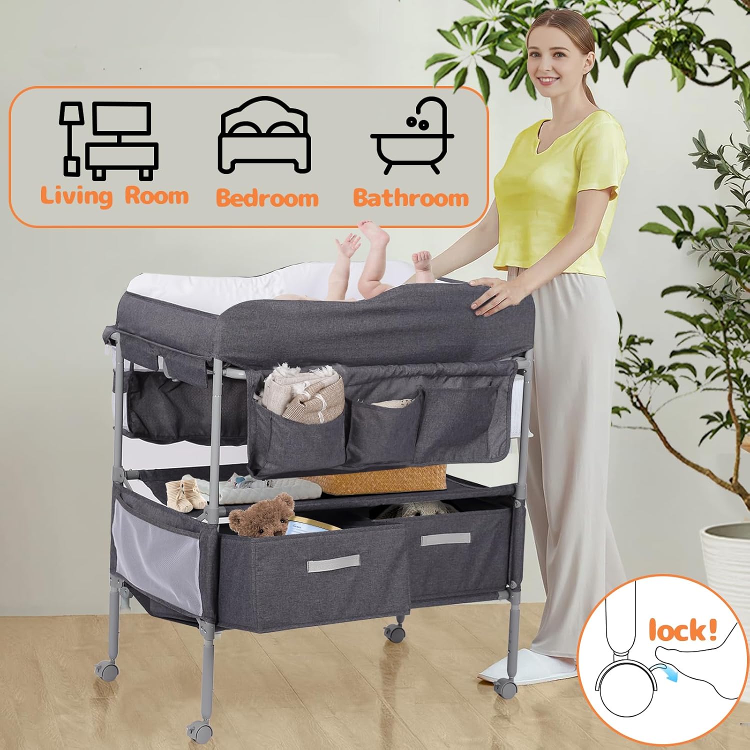 Baby Changing Table, Portable Changing Table with 2 Storage Baskets, Adjustable Heights, Foldable Changing Table Dresser with Soft Waterproof Changing Station for Newborns & Infant