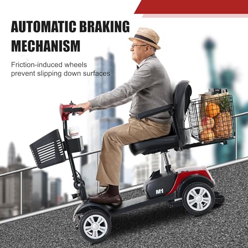 Mobility Scooters, Folding 4 Wheel Electric Mobility Scooter with Storage Box, Rear Basket and Satchel, Outdoor Compact Travel Mobility Scooter for Seniors Adults (Red)