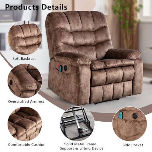 Phoenix Home Large Power Lift Recliner with Massage and Heat for Elderly, Heavy Duty & Safety Motion Reclining Mechanism, Ergonomic Electric Wider Chair with USB Port, 2 Hidden Cup Holders, Brown