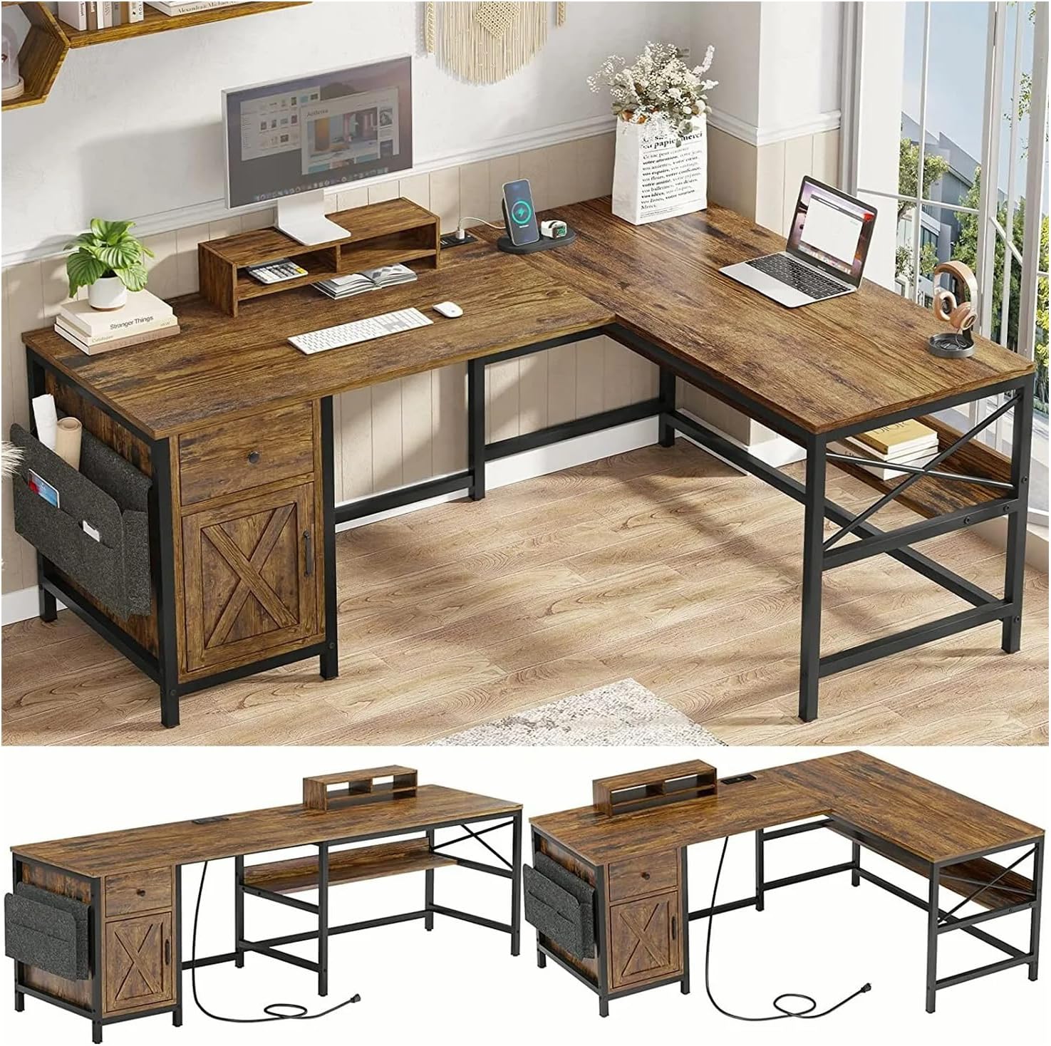 New 87 Inches Rustic Brown L Shaped Computer Desk Corner Reversible Long Home Office Table with Monitor Stand Gaming Power Outlet Shelf Shelves Storage Drawer Metal Wood Modern 86.6”L x 19.7”W x 30”H