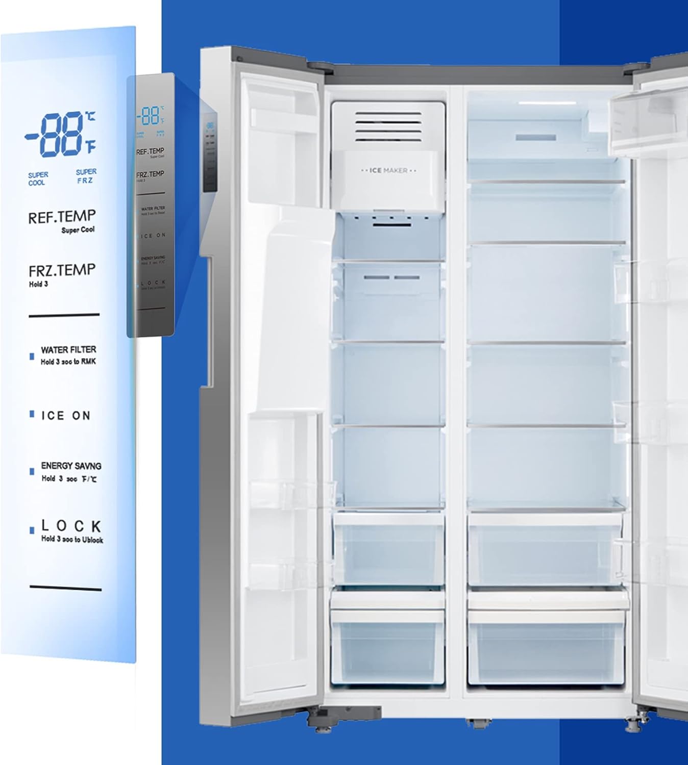 SMETA 36 Inch French Door Refrigerator Full size 26.3 Cu.Ft Freestanding with Auto Ice Maker and Water Dispenser Large Capacity Refrigerator for Home, Stainless Steel