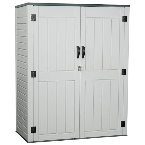 Vertical Resin Storage Shed, 60 Cuft Garden Tool Sheds & Outdoor Storage, Plastic Outdoor Storage Cabinet Waterproof, 4.5 x 2.3 ft Backyard Outside Lawn Mower Storage Shed, White