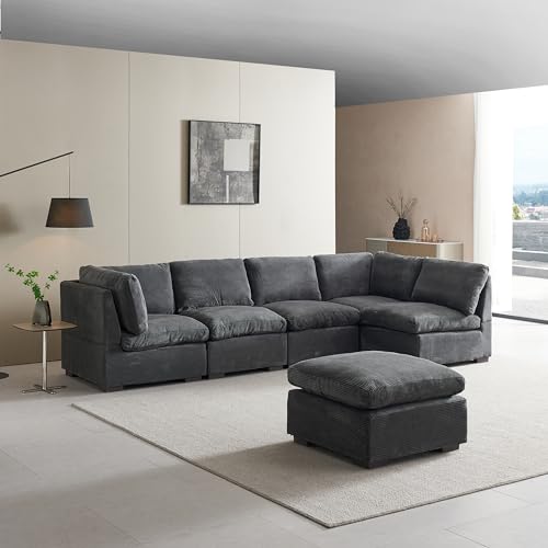131" Oversized Modular 6 Seaters Cloud Sectional Sofa W/Reversible Chaises, Modern TV Couch L/U Shaped Free Combined Deep Seat Corner Sofa&Couch with Movable Ottoman Coffee Table for Living Room